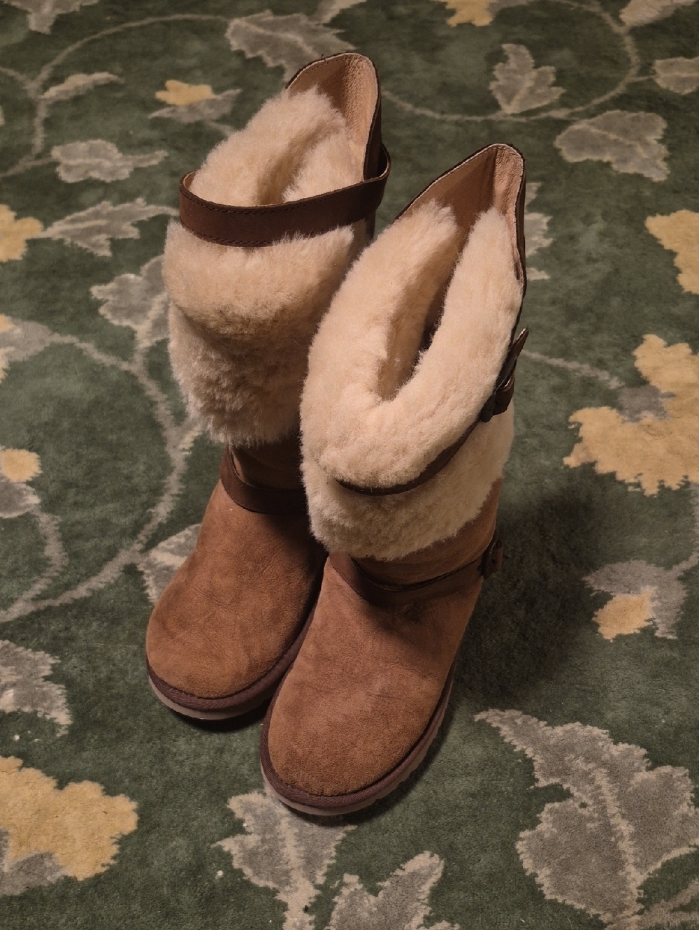 UGG Brown Suede Shearling Winter Boots with Cream Cuff